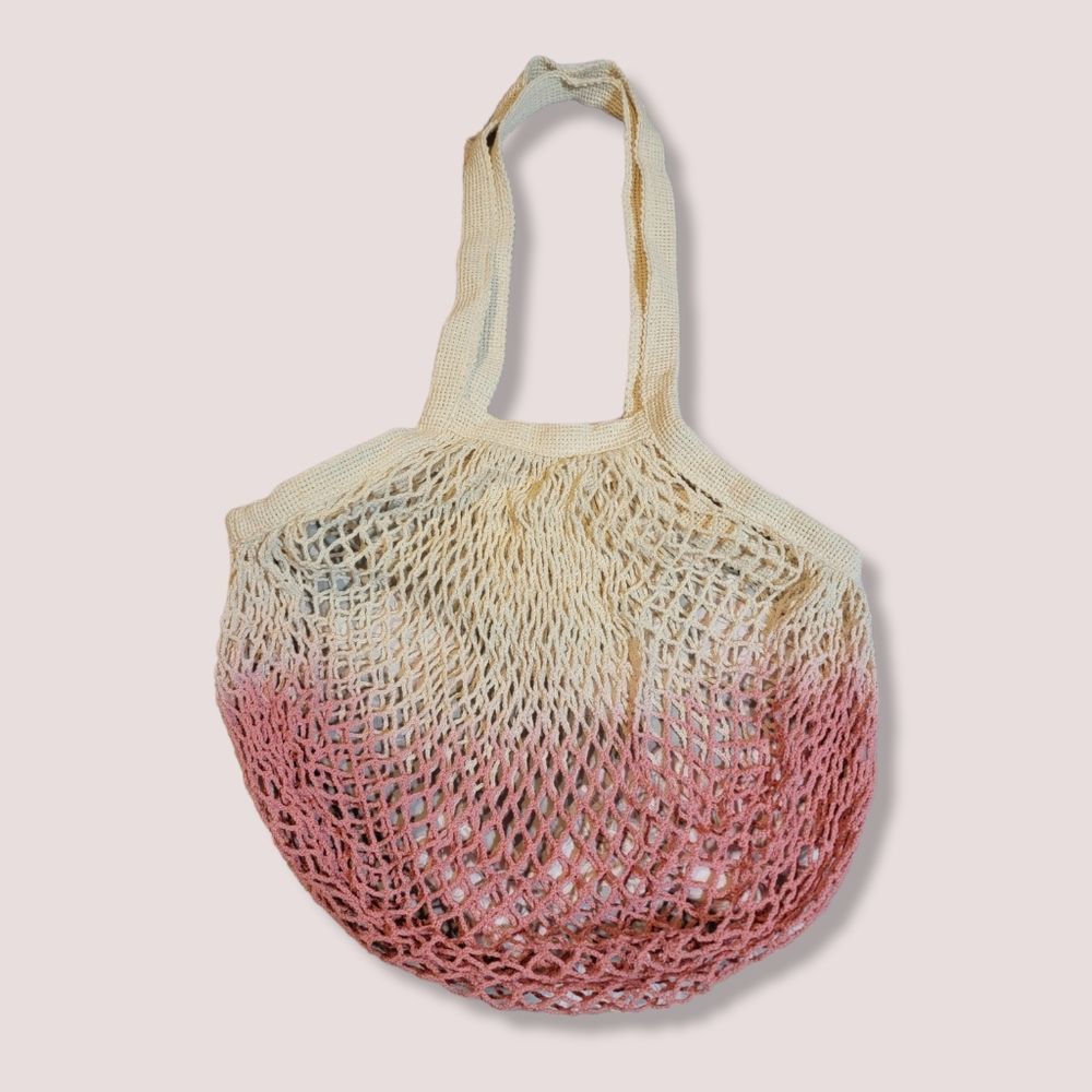 Camp Collection Womens Crochet Mesh Pink Ombre Dip Tie Dye Grocery Net Tote Bag